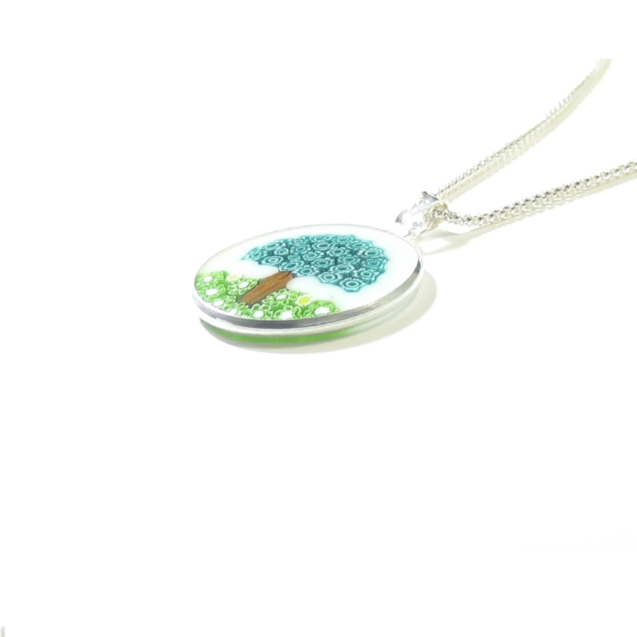 Murano Glass White Green Millefiori Tree of Life Pendant