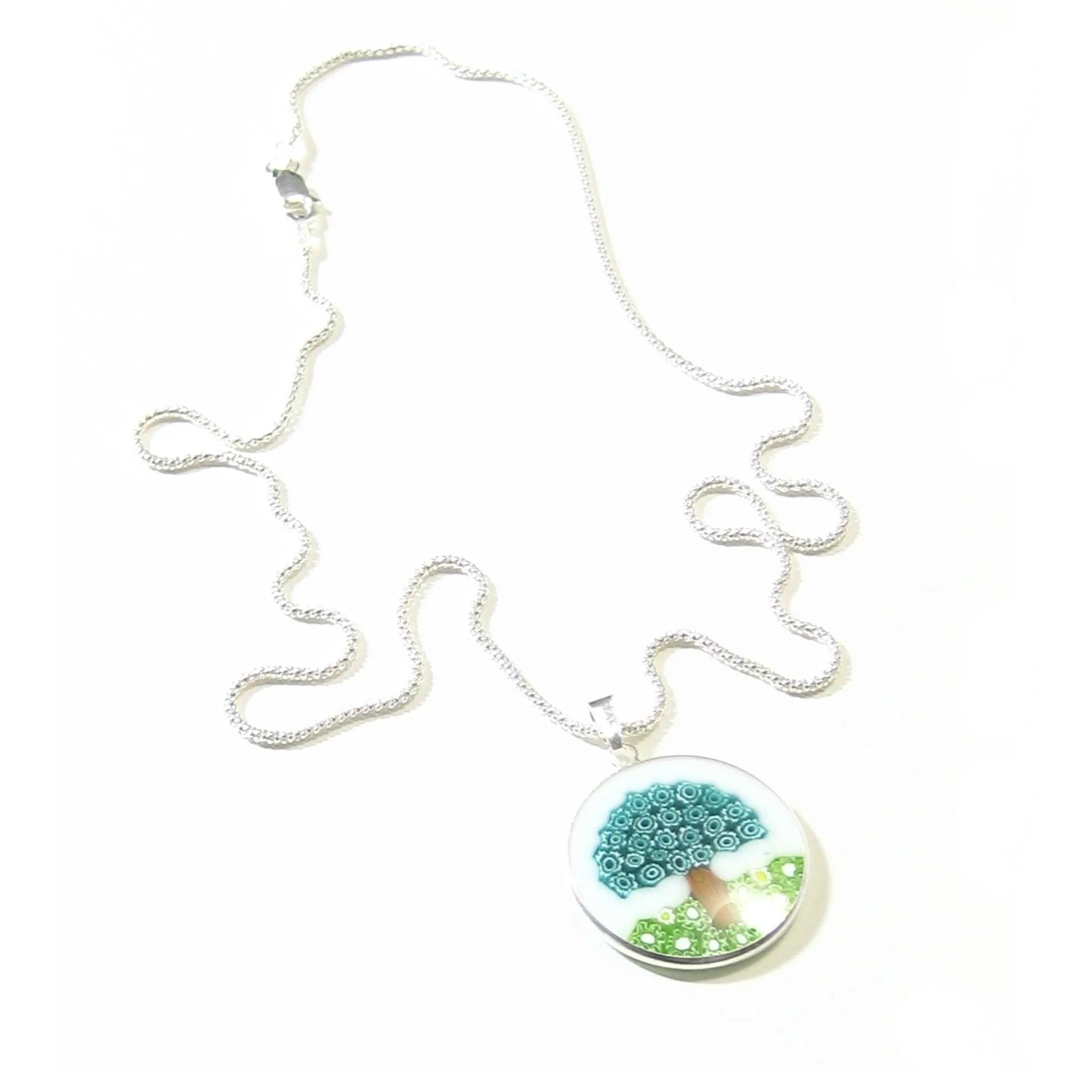 Murano Glass White Green Millefiori Tree of Life Pendant