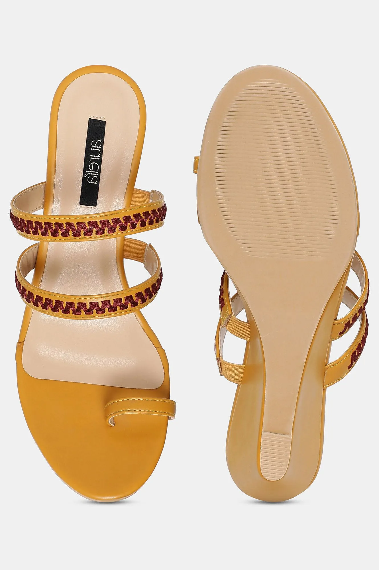 Mustard Almond Toe Embroidery Wedge-ZJanet