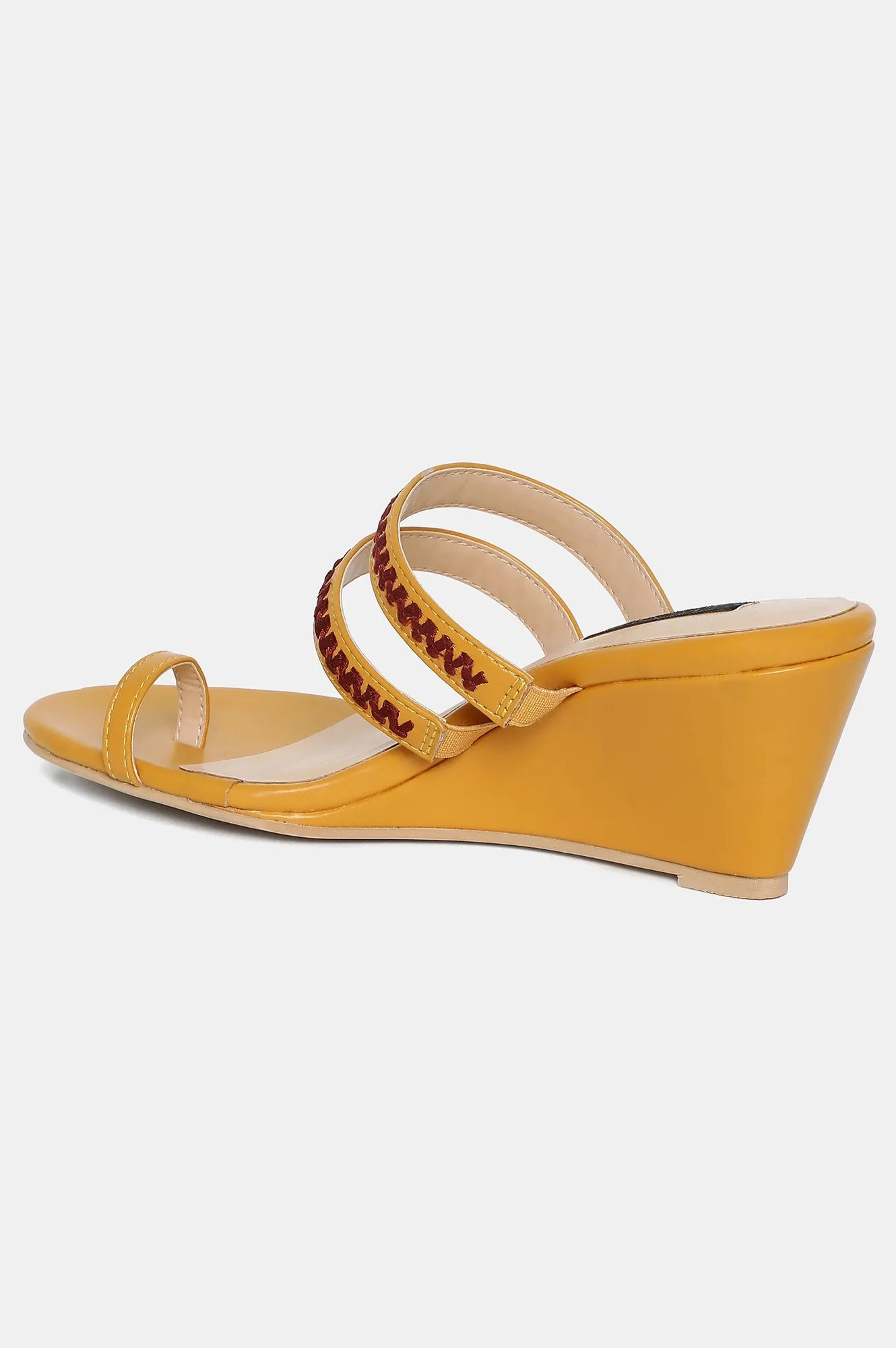 Mustard Almond Toe Embroidery Wedge-ZJanet