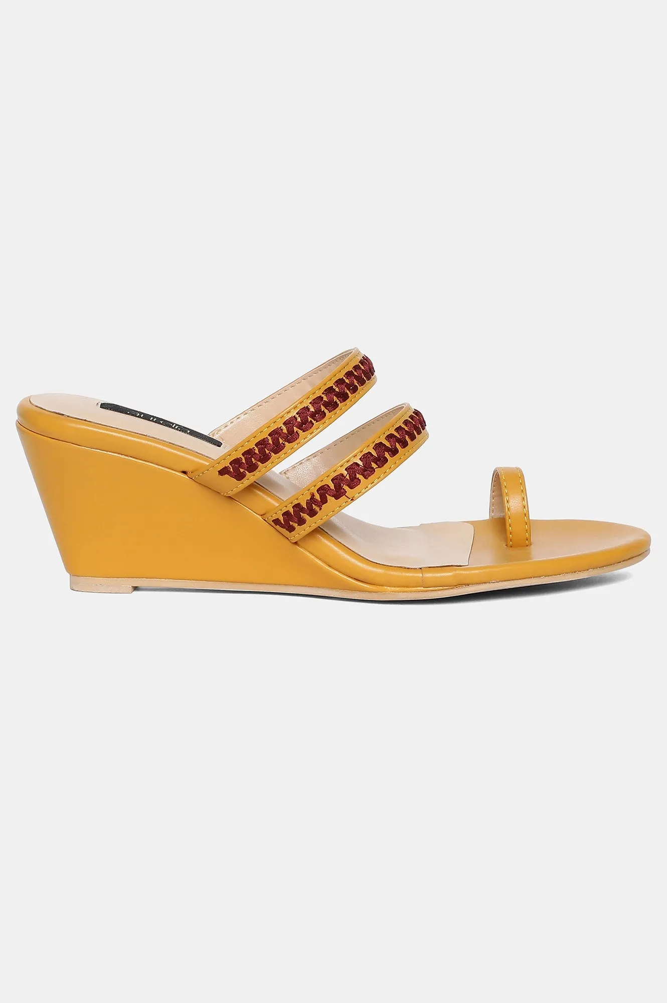Mustard Almond Toe Embroidery Wedge-ZJanet