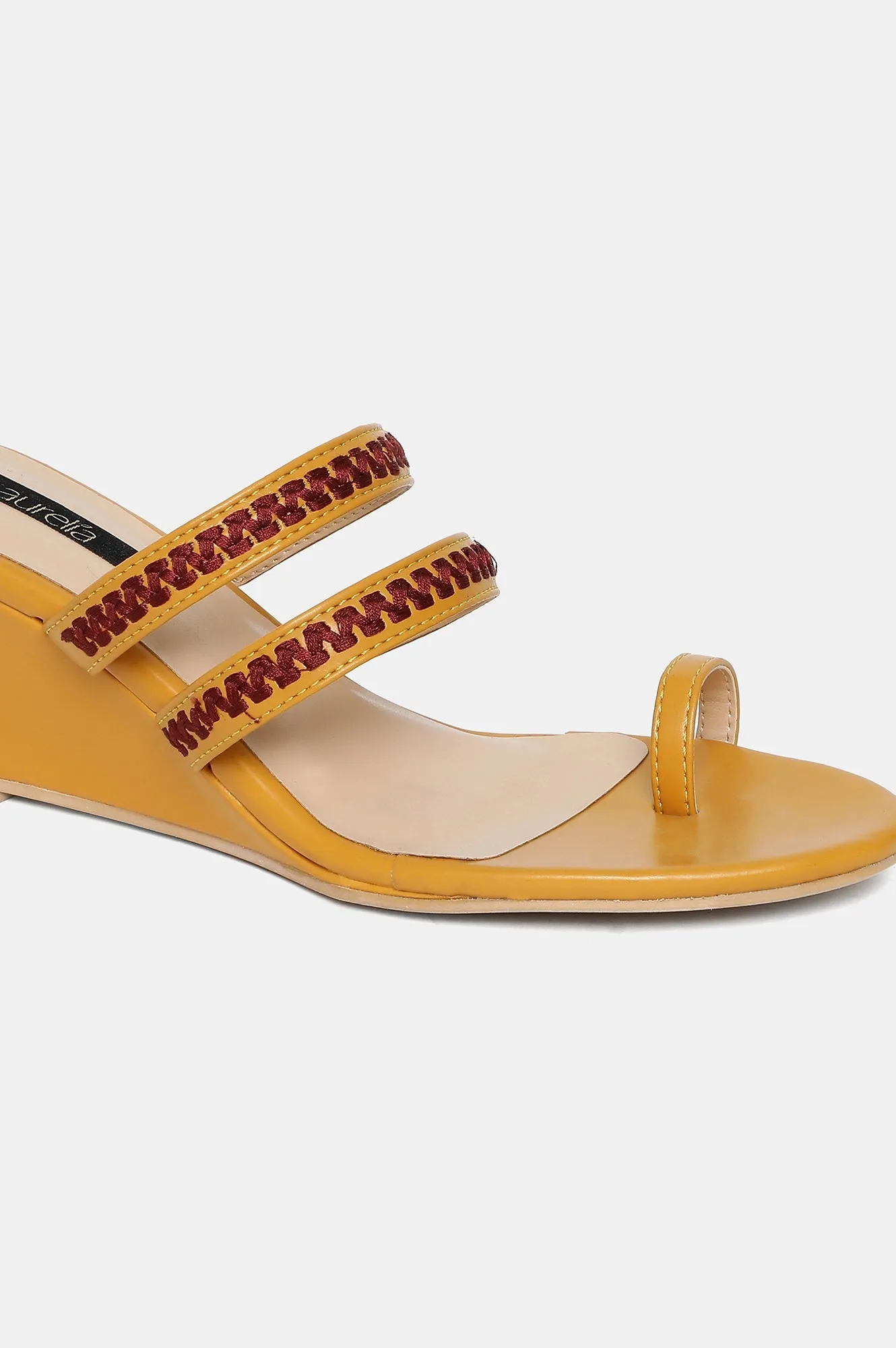 Mustard Almond Toe Embroidery Wedge-ZJanet