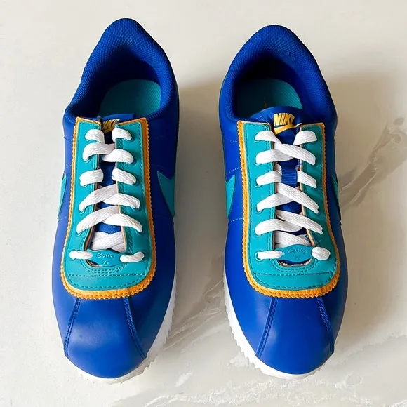 NIKE Cortez Basic Leather DBL GSIndigo Force Teal Sneaker Big Kids Youth Sz 5.5