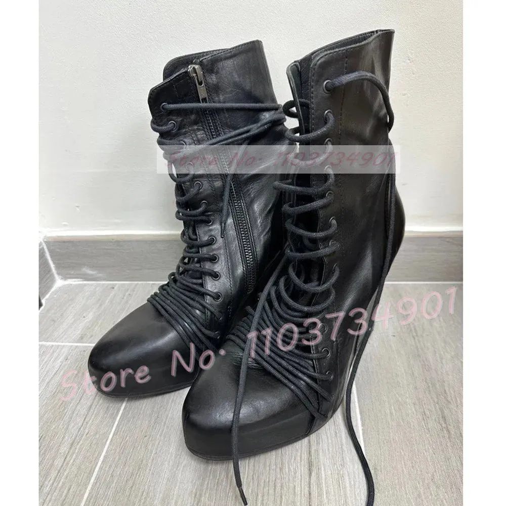 Patchwork Wedge Platform Ankle Boots Women Fashion Round Toe Front Lace Up Shoes Ladies Punk Chic Zipper Suede Cross Tied Boots