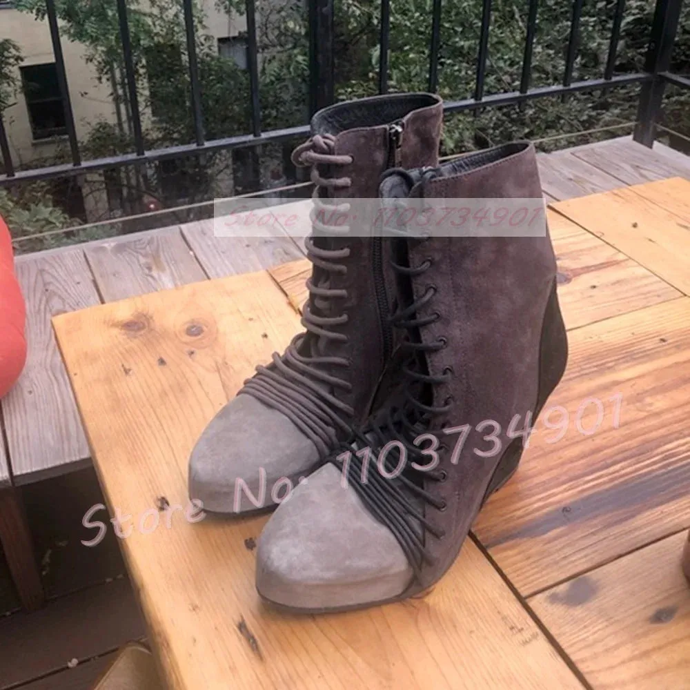 Patchwork Wedge Platform Ankle Boots Women Fashion Round Toe Front Lace Up Shoes Ladies Punk Chic Zipper Suede Cross Tied Boots