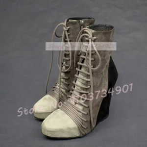 Patchwork Wedge Platform Ankle Boots Women Fashion Round Toe Front Lace Up Shoes Ladies Punk Chic Zipper Suede Cross Tied Boots