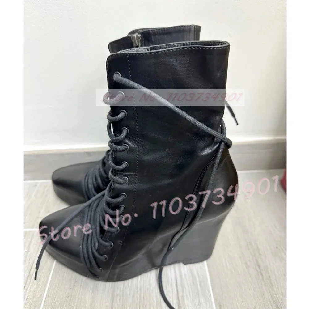 Patchwork Wedge Platform Ankle Boots Women Fashion Round Toe Front Lace Up Shoes Ladies Punk Chic Zipper Suede Cross Tied Boots