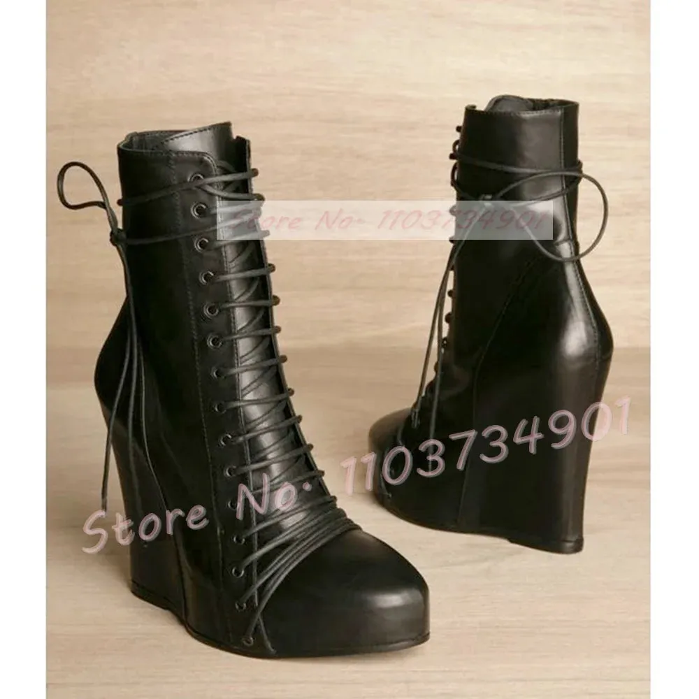 Patchwork Wedge Platform Ankle Boots Women Fashion Round Toe Front Lace Up Shoes Ladies Punk Chic Zipper Suede Cross Tied Boots