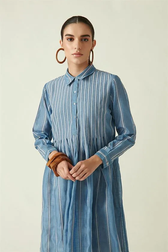Payal Pratap   I   Kitsilano Point Grey Robbie Pleated Dress with Slip (2Pcs) Cotton Silk Handloom Light Blue Transition Edit 4SB-118
