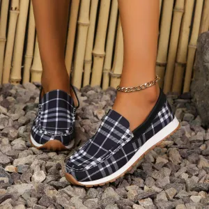 Plaid Round Toe Slip-Ons – Classic Comfort with Cozy Style