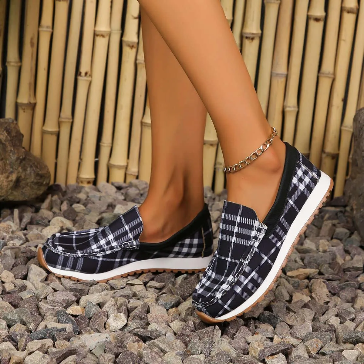 Plaid Round Toe Slip-Ons – Classic Comfort with Cozy Style
