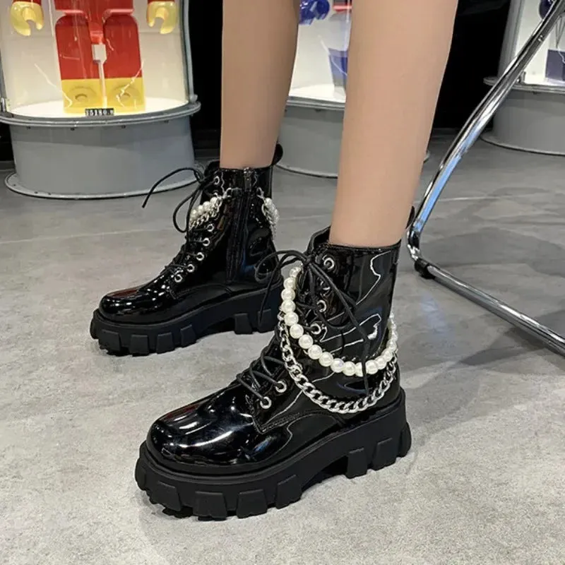 Platform Leather Ankle Motorcycle Boots with Pearl Chain – Stylish Designer Ladies' Shoes