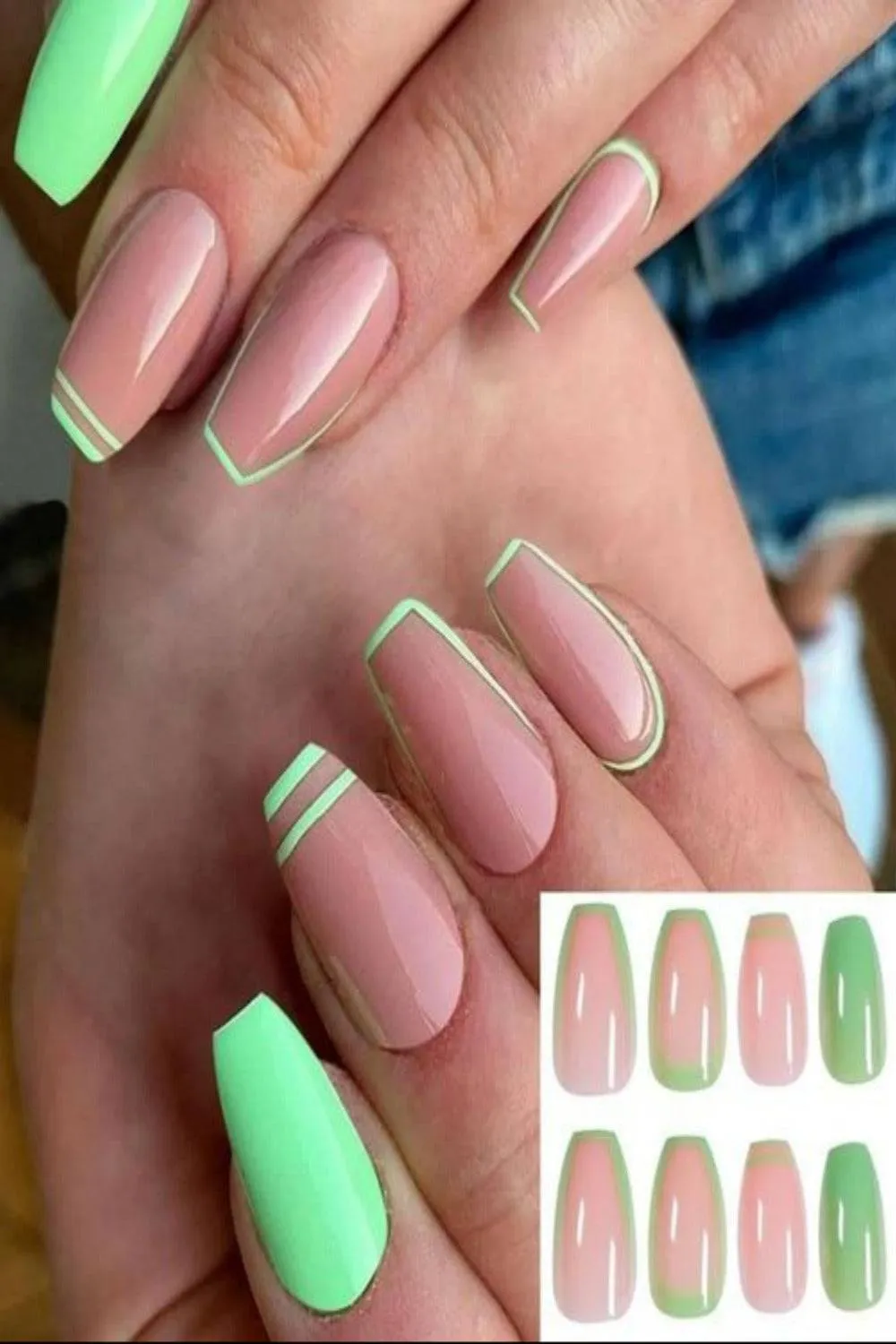 Press On Nails Matte Glossy Neon String Art Coffin Nail Kit