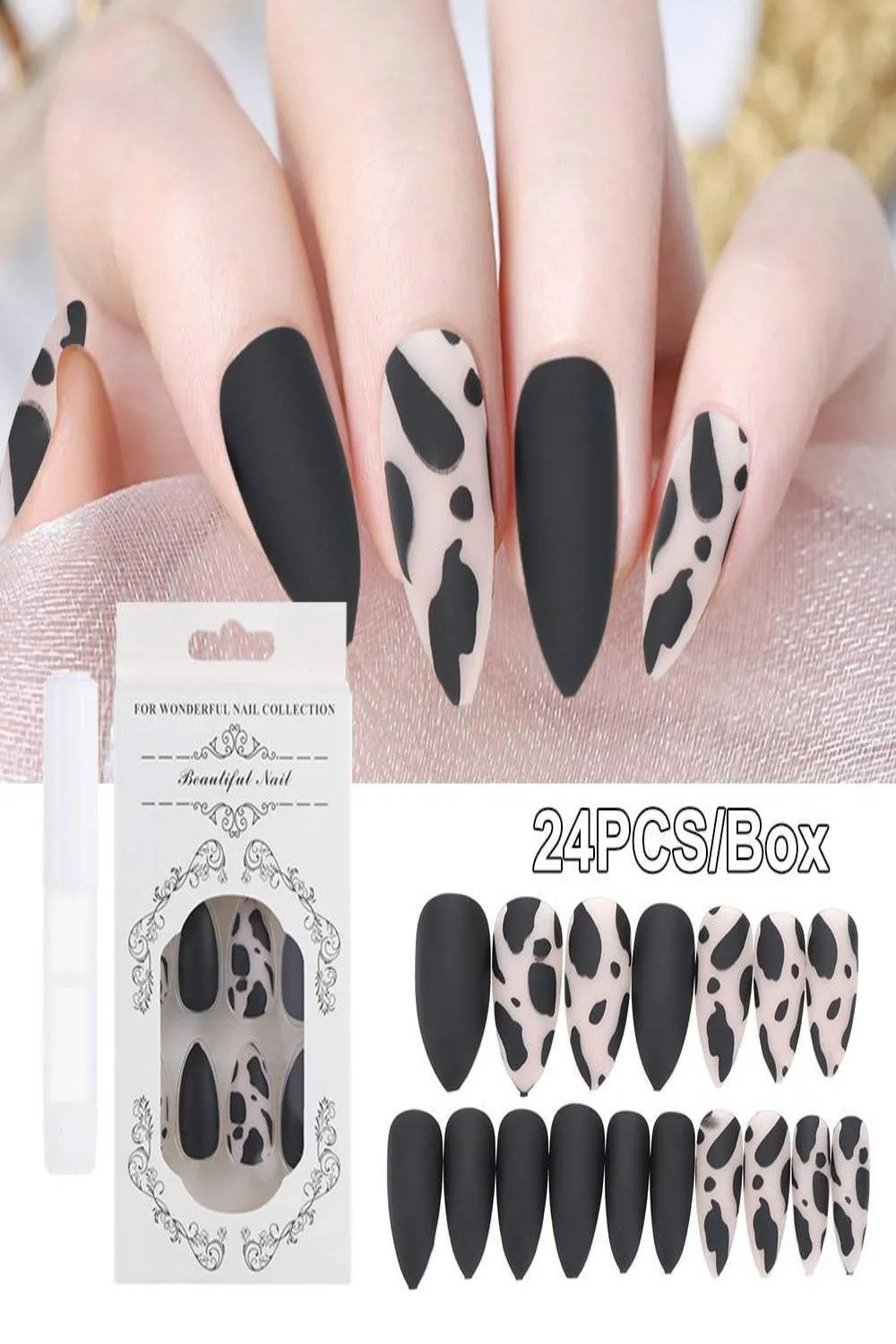 Press On Nails Matte Glossy Neon String Art Coffin Nail Kit