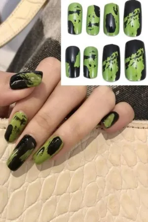Press On Nails Matte Glossy Neon String Art Coffin Nail Kit