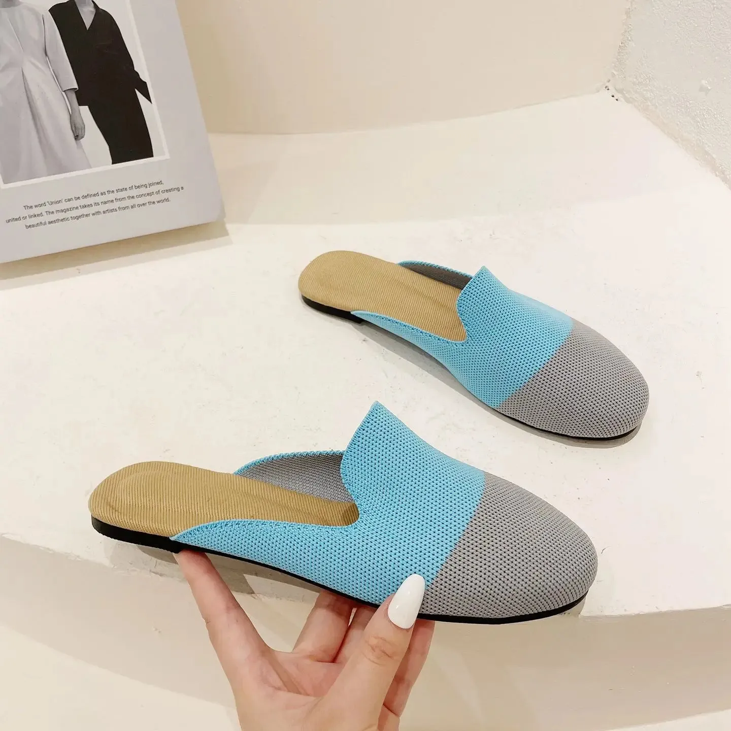 Princess Shoes Ladies Polyester Breathable Flat Mules 3D Fly Weave Stretch Slippers Woman Casual Slides Home Big Size 34-43