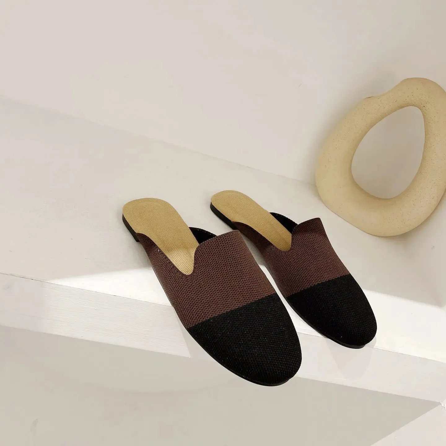 Princess Shoes Ladies Polyester Breathable Flat Mules 3D Fly Weave Stretch Slippers Woman Casual Slides Home Big Size 34-43