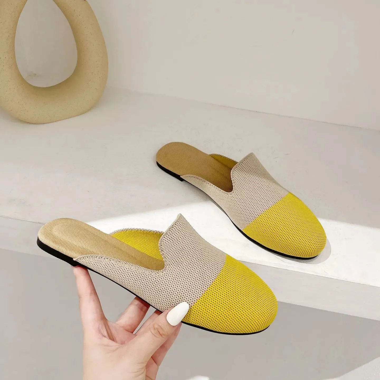 Princess Shoes Ladies Polyester Breathable Flat Mules 3D Fly Weave Stretch Slippers Woman Casual Slides Home Big Size 34-43