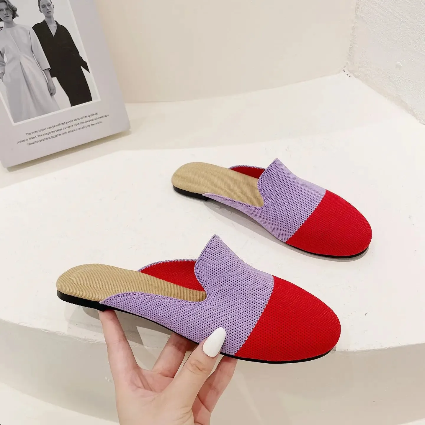 Princess Shoes Ladies Polyester Breathable Flat Mules 3D Fly Weave Stretch Slippers Woman Casual Slides Home Big Size 34-43