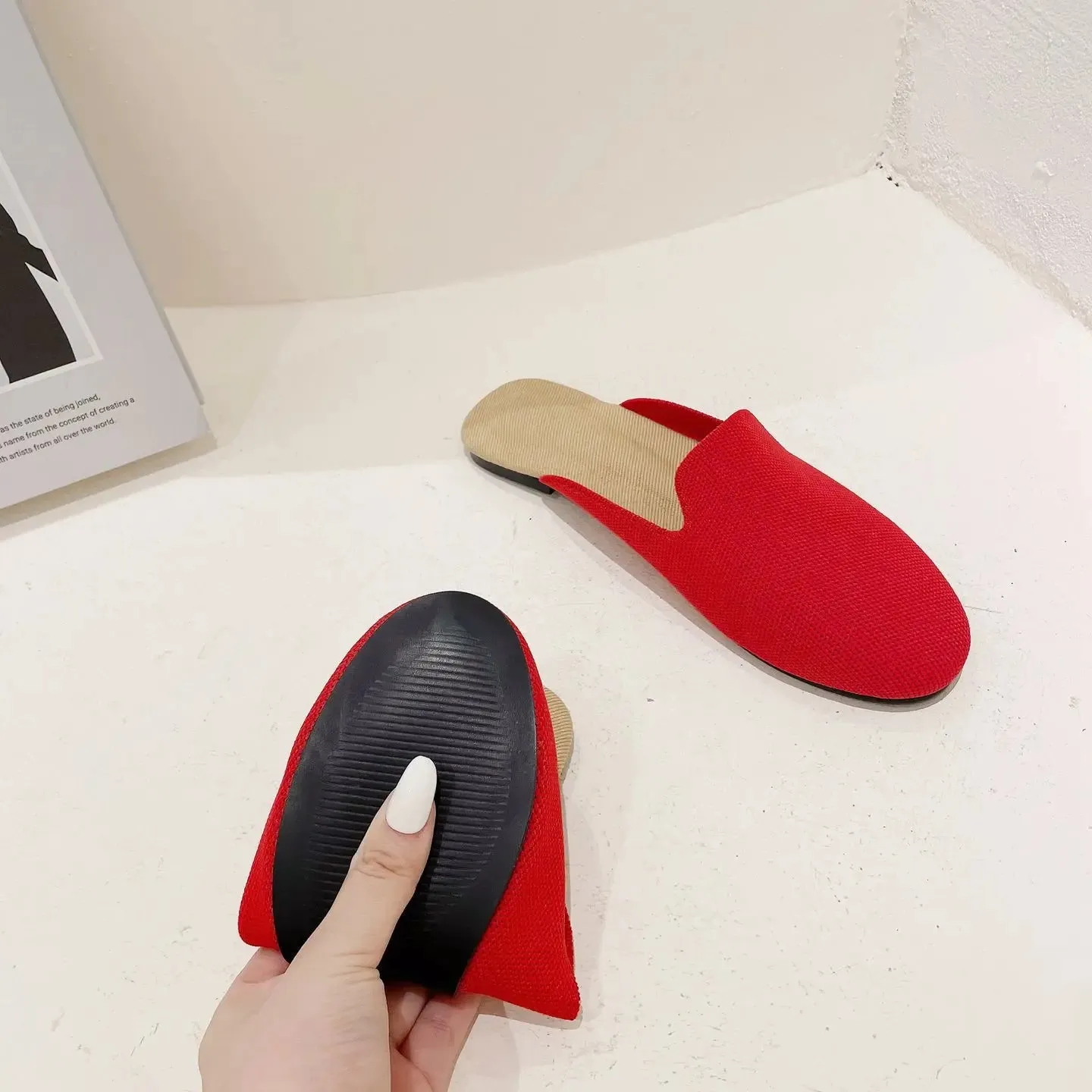 Princess Shoes Ladies Polyester Breathable Flat Mules 3D Fly Weave Stretch Slippers Woman Casual Slides Home Big Size 34-43