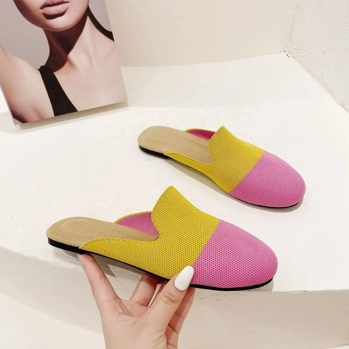 Princess Shoes Ladies Polyester Breathable Flat Mules 3D Fly Weave Stretch Slippers Woman Casual Slides Home Big Size 34-43