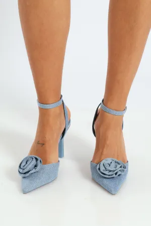 Rosalia Flower Detailed Ankle Strap Stiletto Heel - Blue