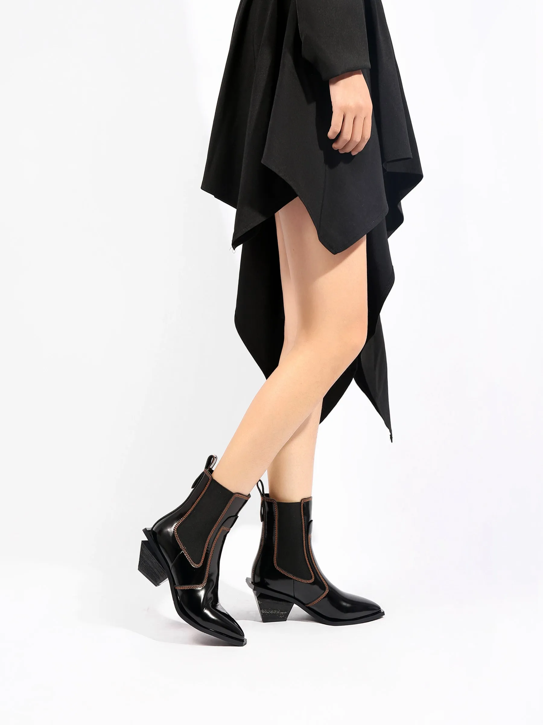 Sharp Toe Black Leather Chelsea Bootie