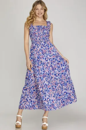 She   Sky Full Size Smocked Printed Wide Strap Tiered Dress Plus Size