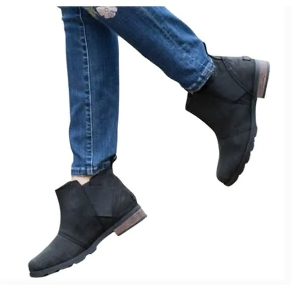 Sorel Emelie Black Waterproof Leather Pull-On Chelsea Ankle Boot, Size 8