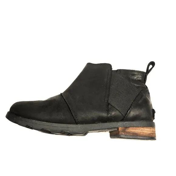 Sorel Emelie Black Waterproof Leather Pull-On Chelsea Ankle Boot, Size 8