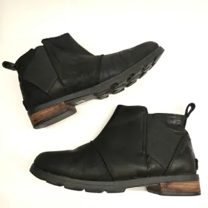 Sorel Emelie Black Waterproof Leather Pull-On Chelsea Ankle Boot, Size 8