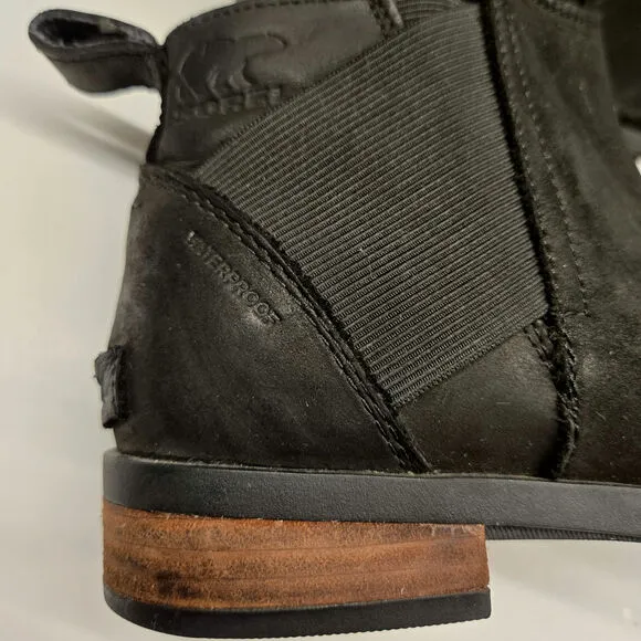 Sorel Emelie Black Waterproof Leather Pull-On Chelsea Ankle Boot, Size 8