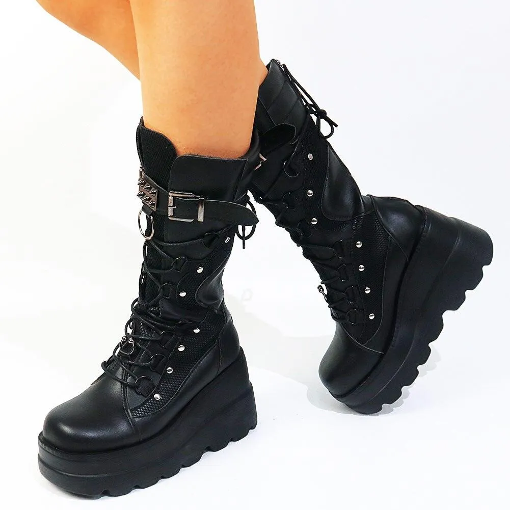 Step Up Your Style with Ladies High Platform Boots Fashion Rivet Goth High Heel Boots