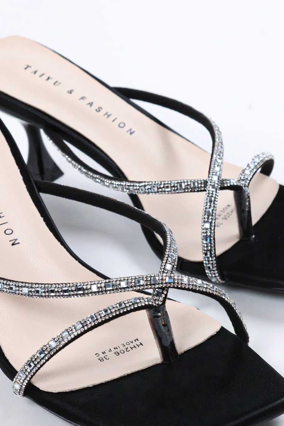 Taiyu - Women's Diamond Embellished Kitten Mules - Black