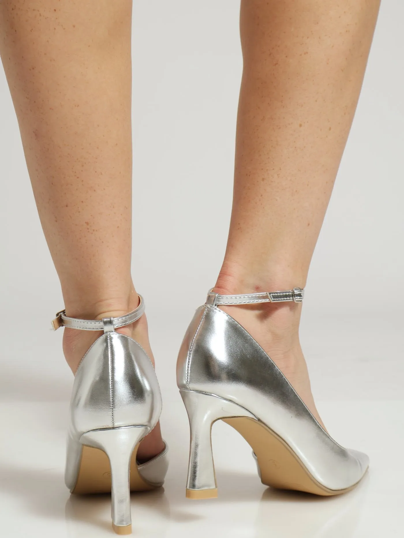 Tapered Ankle Strap Court Heel - Silver