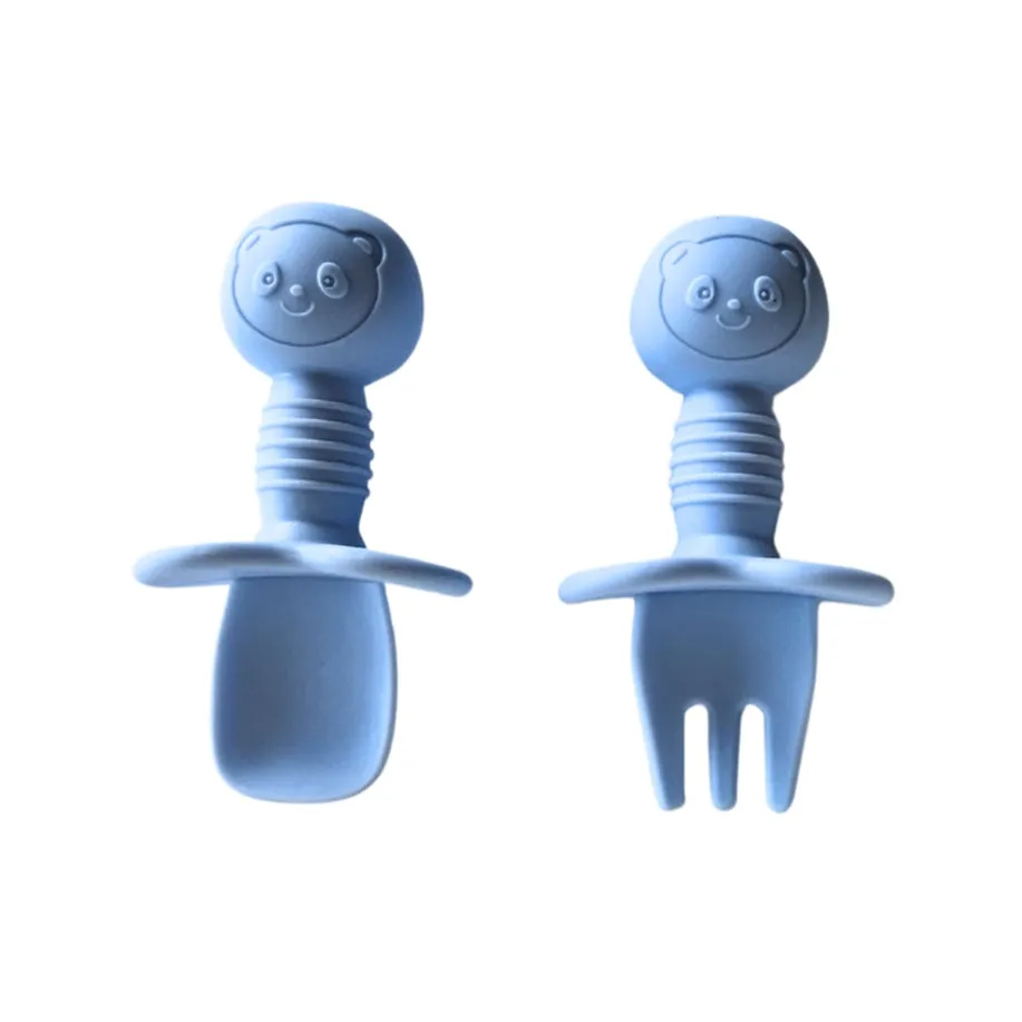 Tiny Teethers Mini Fork   Spoon Silicone Utensil Set - Pale Blue
