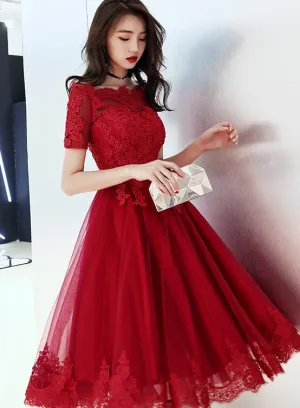 Wine Red Tulle Short Homecoming Dress with Lace Applique, Cute Prom Dress Party Dress