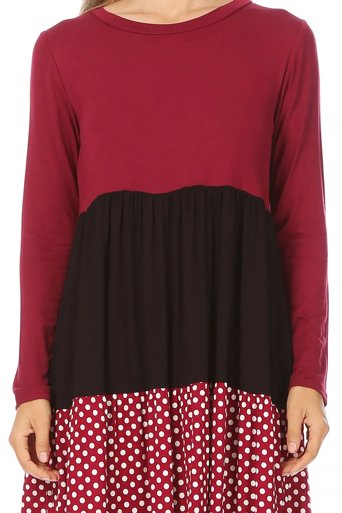 Women's Babydoll Long Sleeve Ruffle Color Block Casual Loose Swing Dress