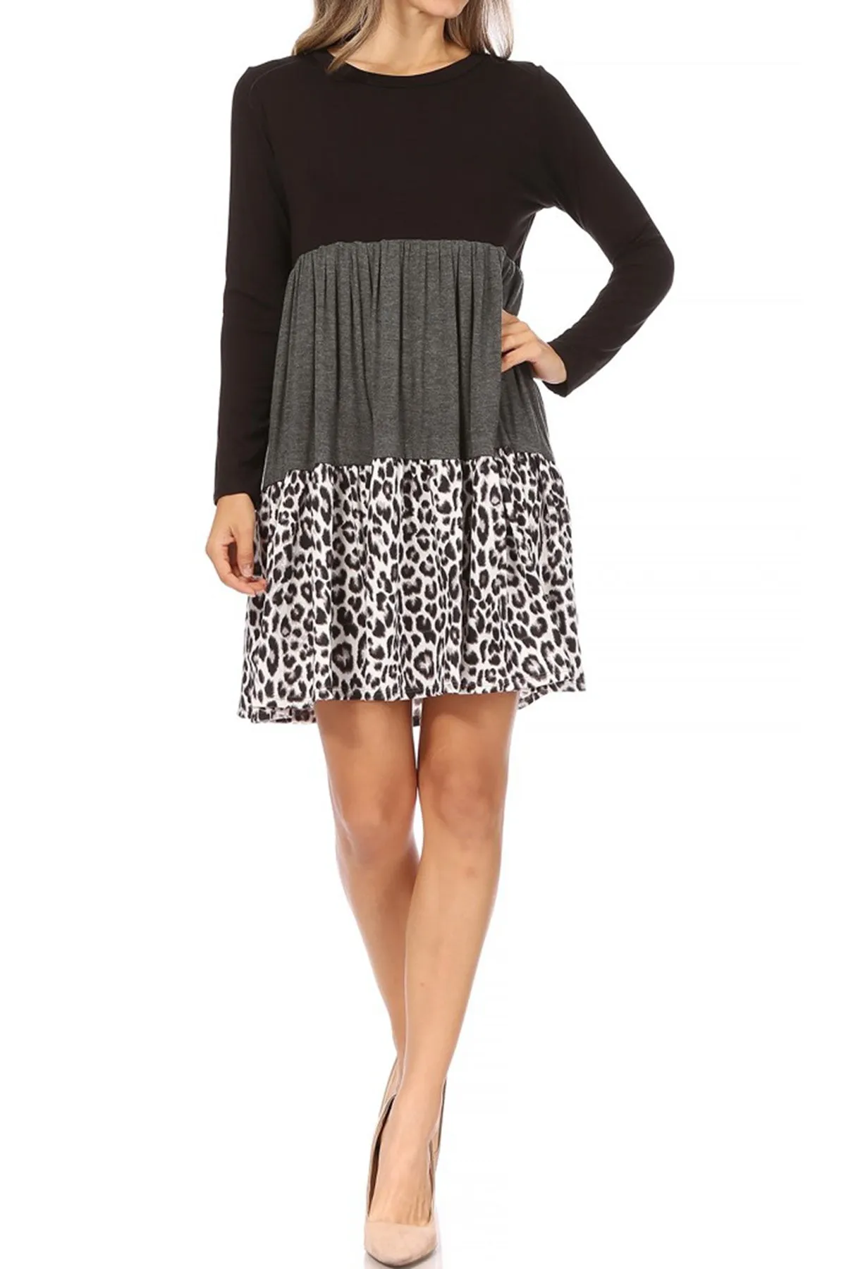 Women's Babydoll Long Sleeve Ruffle Color Block Casual Loose Swing Dress