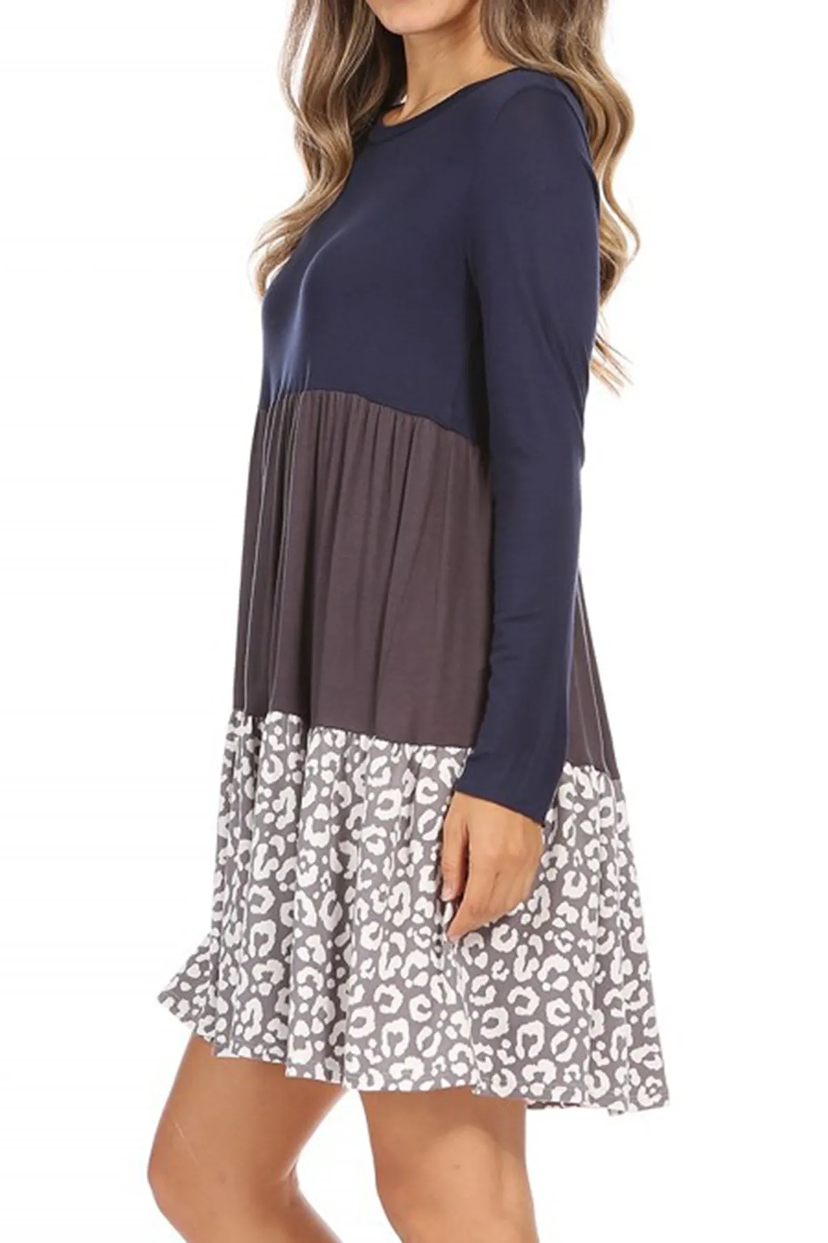 Women's Babydoll Long Sleeve Ruffle Color Block Casual Loose Swing Dress