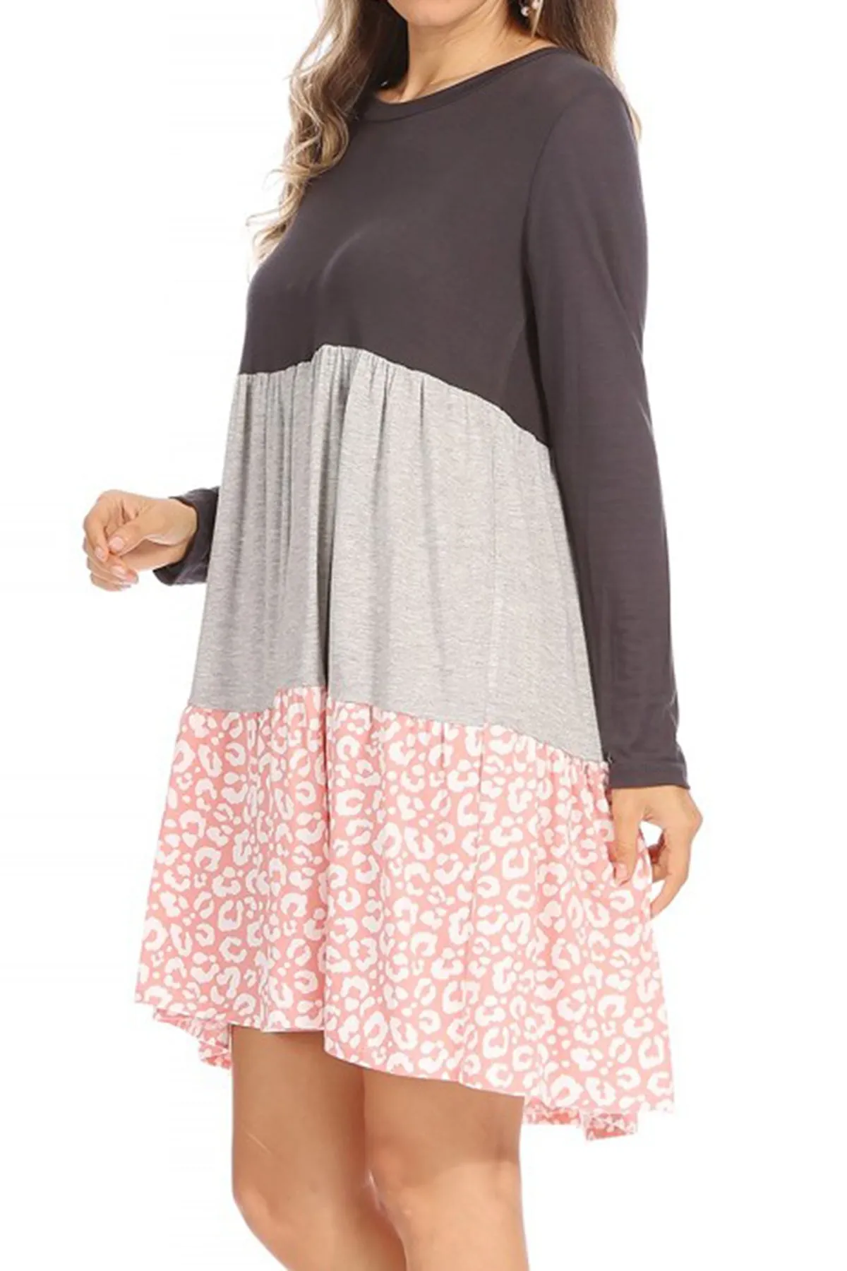 Women's Babydoll Long Sleeve Ruffle Color Block Casual Loose Swing Dress