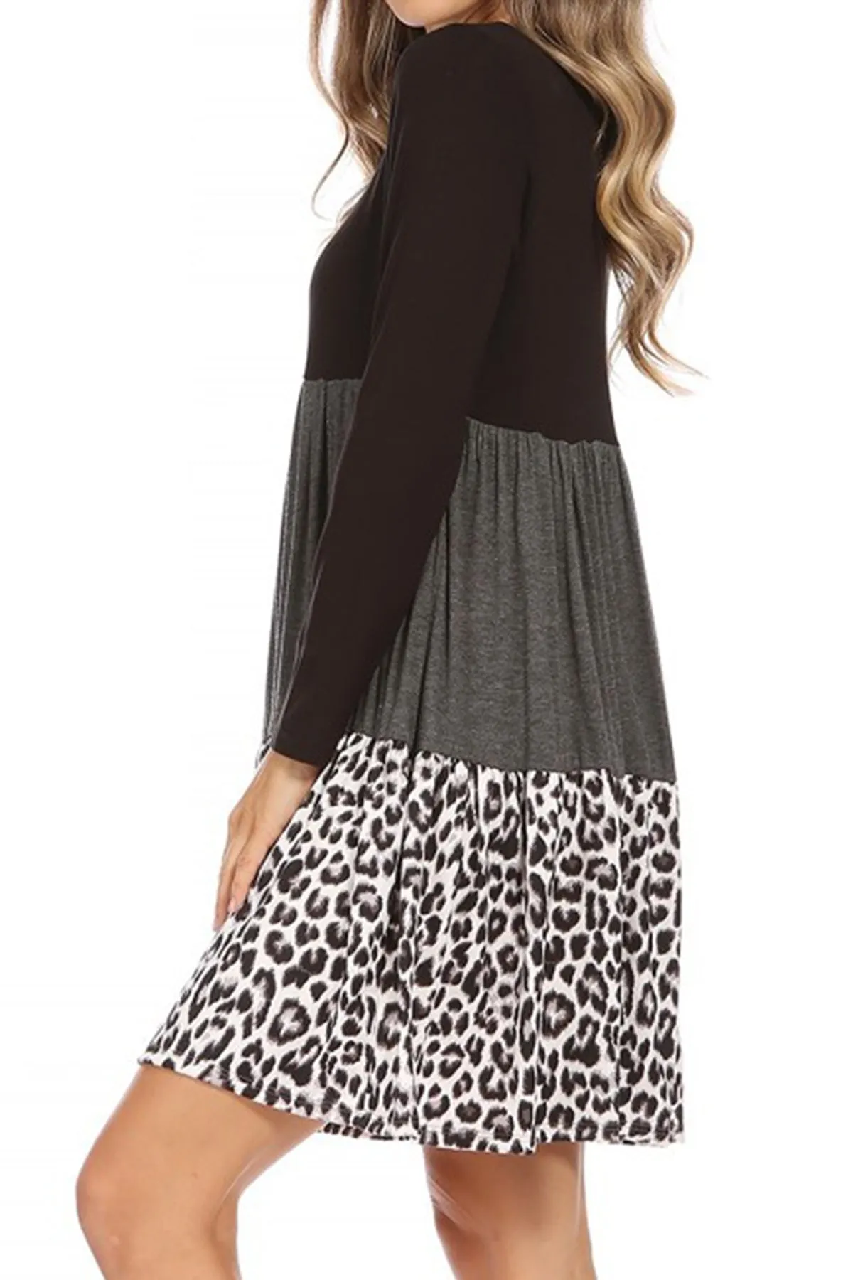 Women's Babydoll Long Sleeve Ruffle Color Block Casual Loose Swing Dress