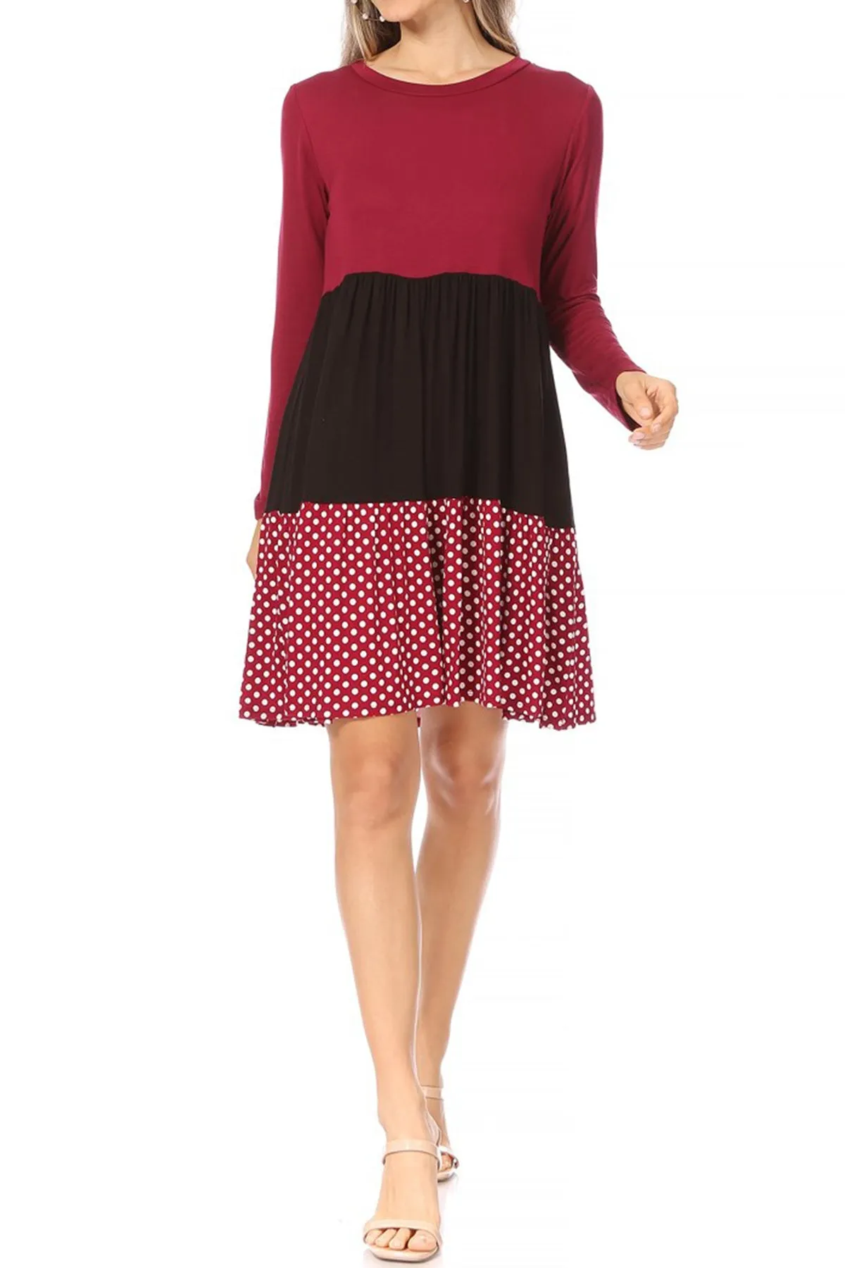Women's Babydoll Long Sleeve Ruffle Color Block Casual Loose Swing Dress