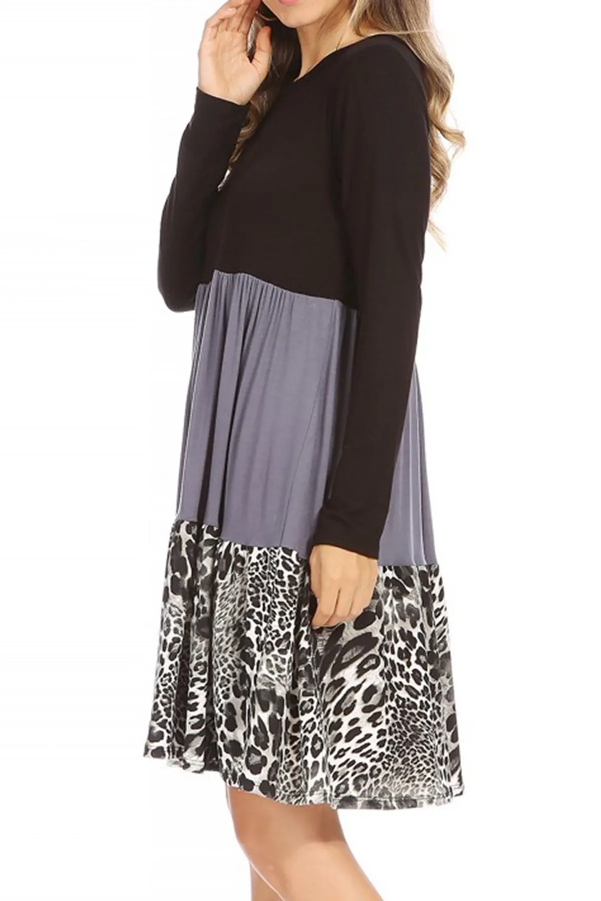 Women's Babydoll Long Sleeve Ruffle Color Block Casual Loose Swing Dress