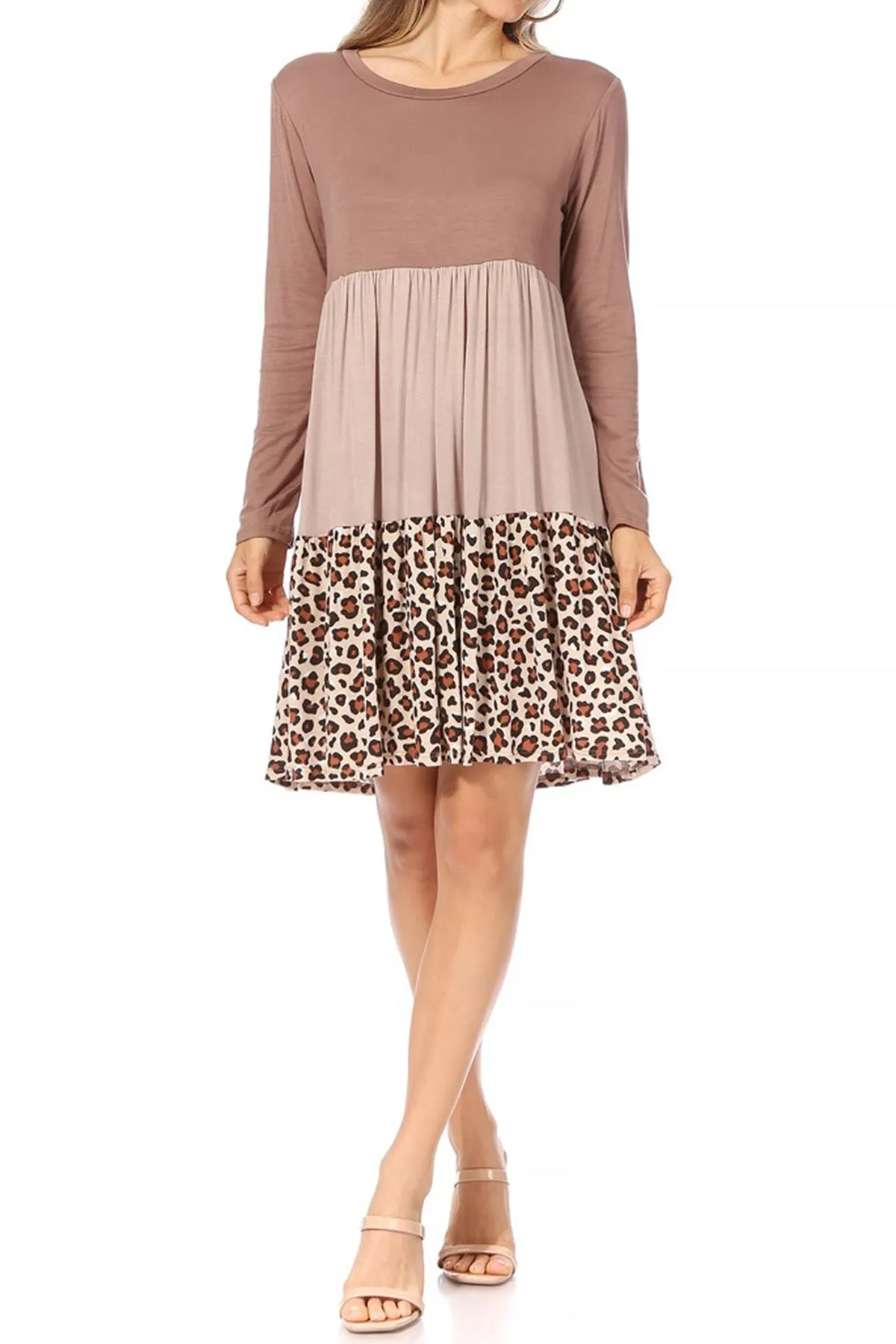 Women's Babydoll Long Sleeve Ruffle Color Block Casual Loose Swing Dress