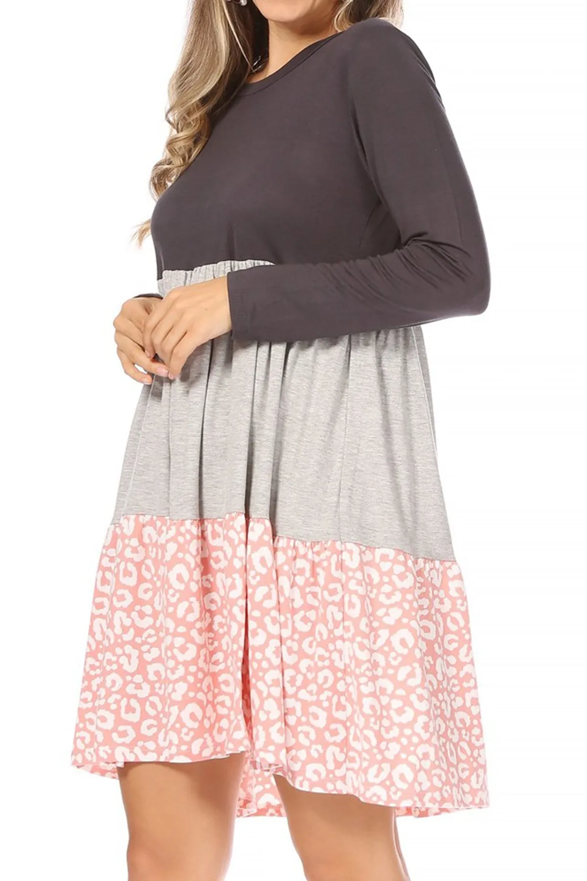 Women's Babydoll Long Sleeve Ruffle Color Block Casual Loose Swing Dress