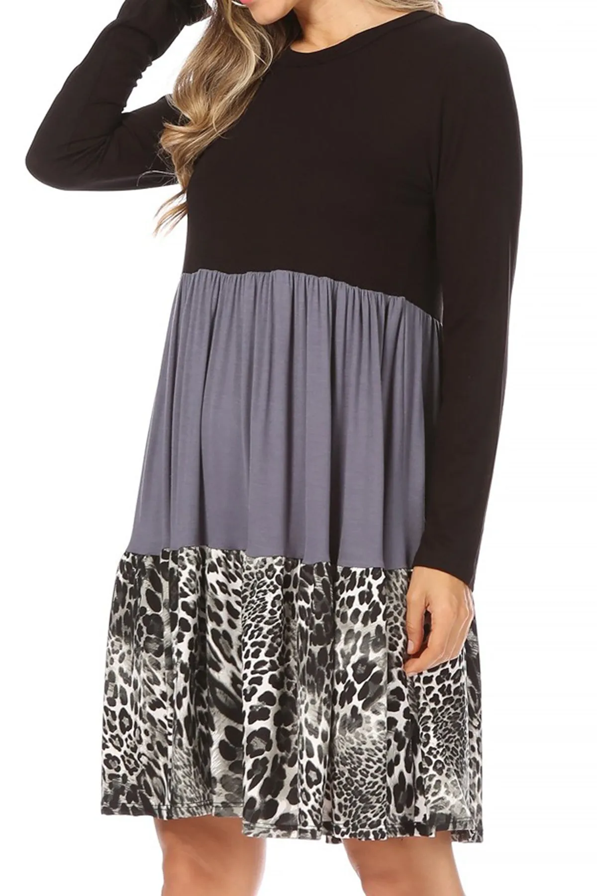 Women's Babydoll Long Sleeve Ruffle Color Block Casual Loose Swing Dress