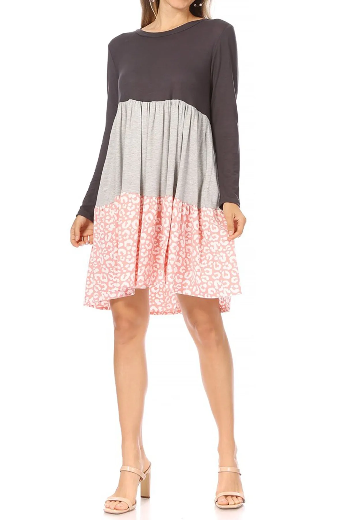 Women's Babydoll Long Sleeve Ruffle Color Block Casual Loose Swing Dress