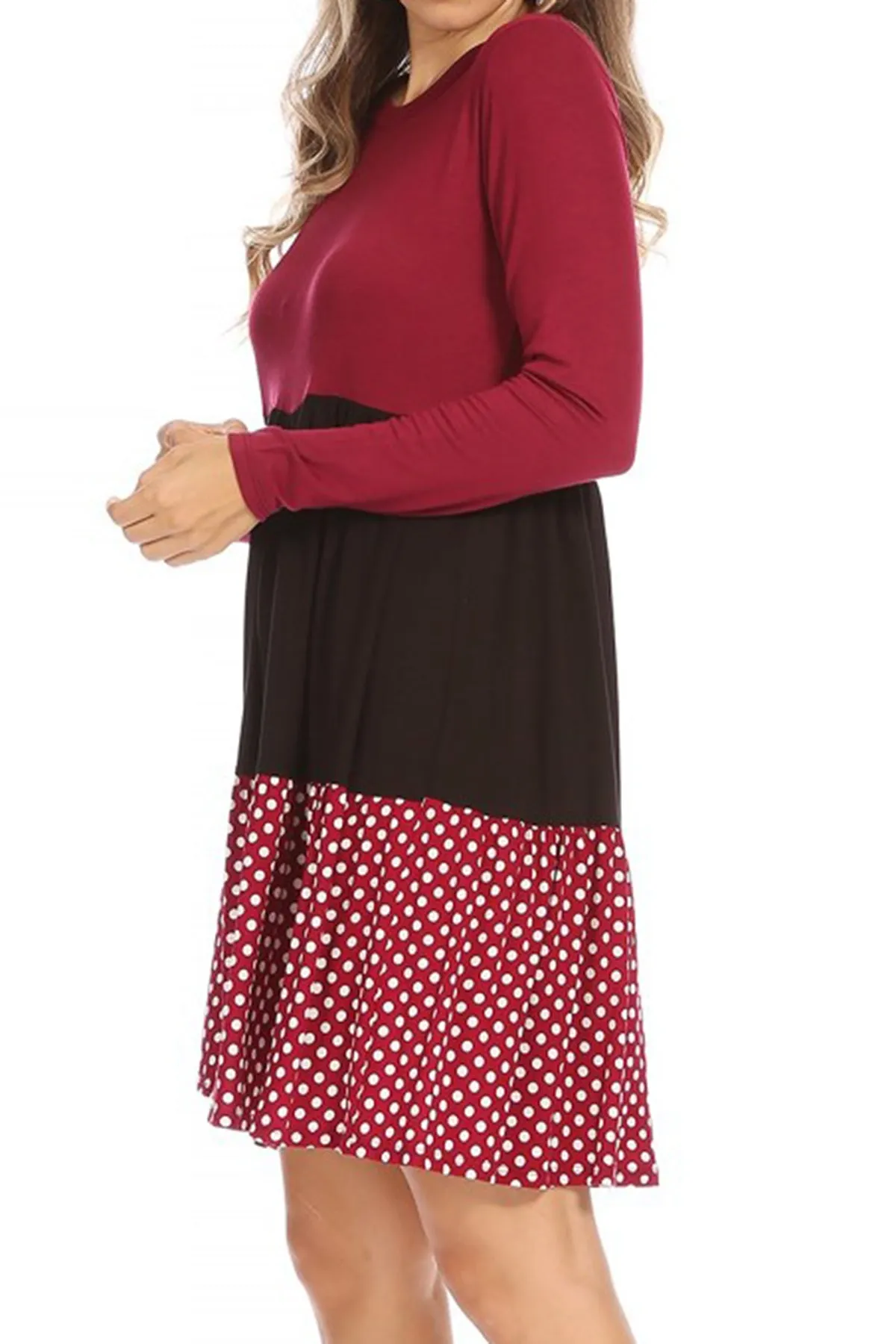 Women's Babydoll Long Sleeve Ruffle Color Block Casual Loose Swing Dress