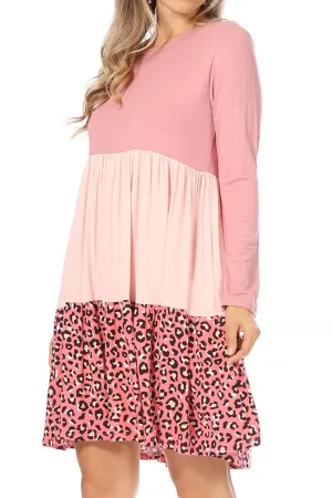 Women's Babydoll Long Sleeve Ruffle Color Block Casual Loose Swing Dress